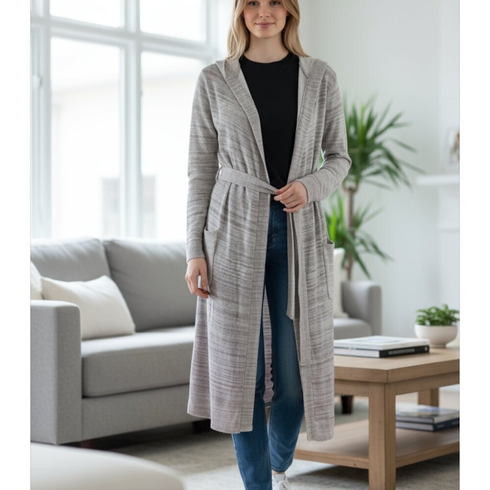 NEW Love Stitch Beige White Marled Hooded DUSTER Cardigan Sweater Size Small